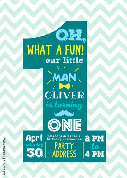 Fototapeta Our little man is turning one, birthday party vector invitation card