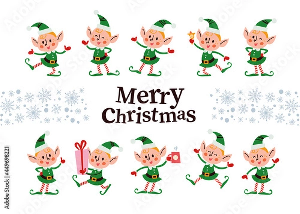 Fototapeta Set of different cute little Santa elves characters isolated. Elf carry gift box, drink hot chocolate, jump, wink, smile. Vector flat cartoon illustration. For Christmas card, pattern, banner, sticker