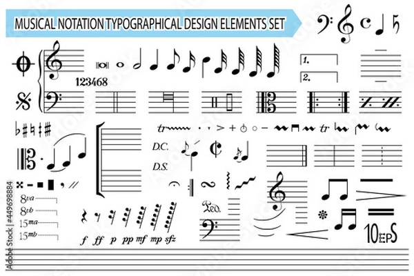 Fototapeta Musical notation, notes, music symbols and signs, set. Templates, black editable elements collection, isolated on white background. Melody font. Vector illustration.