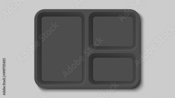 Fototapeta Empty black plastic food container with three compartments on a gray background. Vector illustration.
