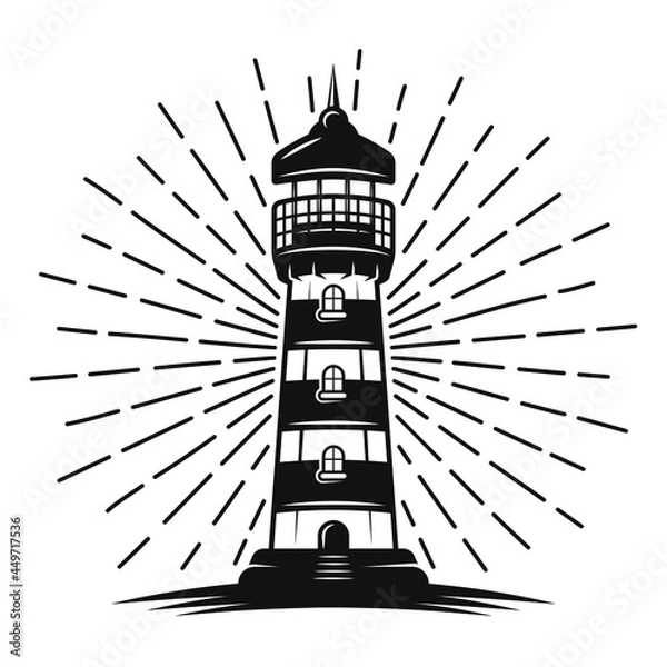 Obraz Lighthouse with rays vector black illustration vintage styleisolated white