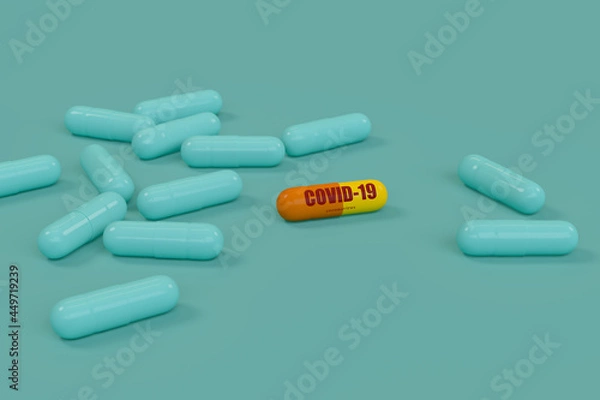 Fototapeta 3d render concept  Medication of antiviral capsule for treatment and prevention of new corona virus infection with green background  of with copy space .