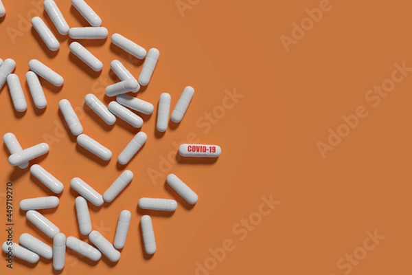 Fototapeta 3d render concept  Medication of antiviral capsule for treatment and prevention of new corona virus infection with orange background  of with copy space .