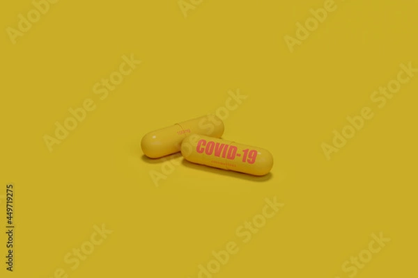 Fototapeta 3d render concept  Medication of antiviral capsule for treatment and prevention of new corona virus infection with yellow background of with copy space .