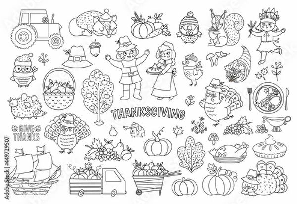 Obraz Vector black and white Thanksgiving elements set. Autumn line icons collection with funny pilgrims, native American, turkey, animals, harvest, cornucopia, pumpkins. Outline fall holiday pack.