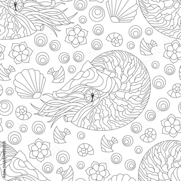 Fototapeta Seamless pattern with dark contour nautilus, shells and fish, outline animals on a white background
