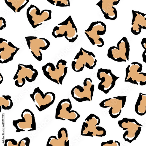 Fototapeta Leopard heart seamless pattern. Vector animal print. Black and beige spots on white background. Jaguar, leopard, cheetah, panther fur. Leopard skin imitation can be painted on clothes or fabric.
