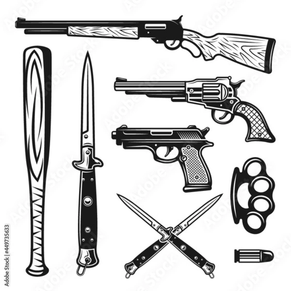 Obraz Weapons design elements and objects in vintage monochrome style Premium Vector 