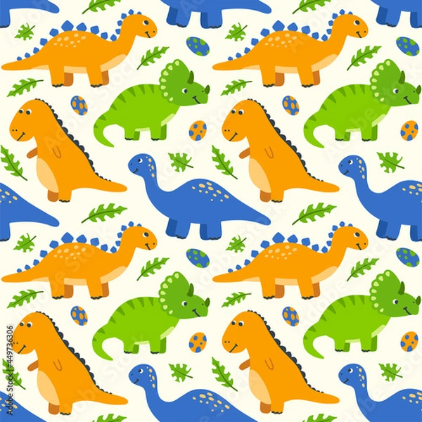 Fototapeta Seamless pattern with cute cartoon dinosaurs and eggs. Kids background with hand-drawn dinos and green palm leaves. Vector wallpaper for children.