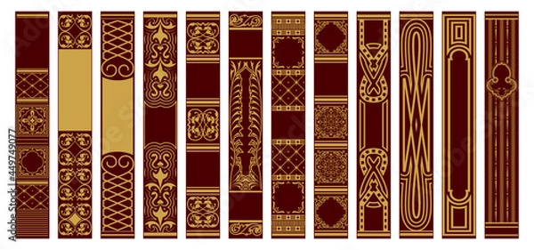 Fototapeta Set of Spines Books. Samples for design templates. Retro vertical frames. Vintage ornament. Golden ornament on a red background.
