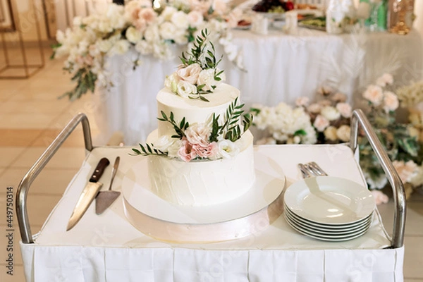 Obraz The wedding cake. White, two-tiered, decorated with flowers and gold. On a delicate pink background. Side view, top.
