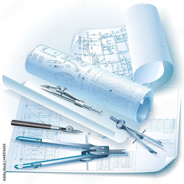 Obraz Architectural background with rolls of drawings