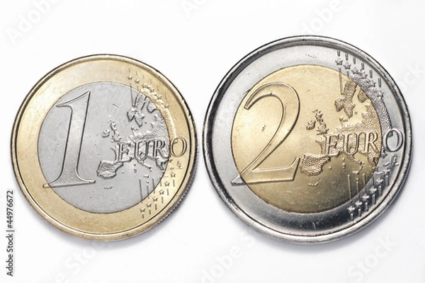 Obraz A one and a two euros coins isolated on a white background