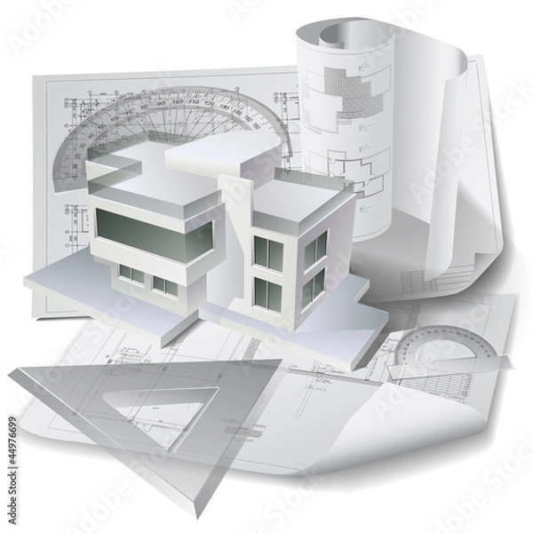Obraz Architectural background with a 3D building model