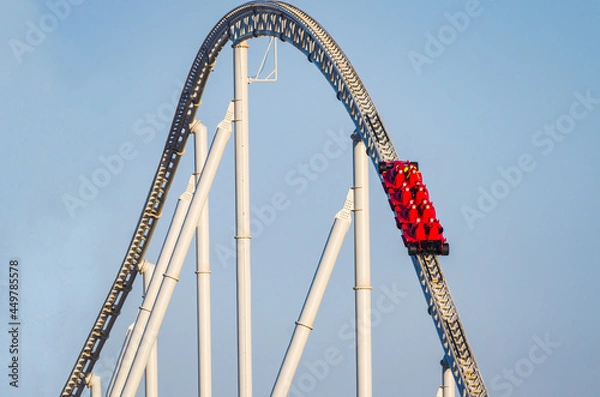 Fototapeta Close up view of a modern formula1 style roller coaster 