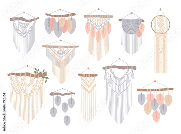 Obraz Set of macrame wall hangings. Boho style cord wall decor. Handmade knitted decoration, diy handcraft. Hand drawn vector illustration in flat style. Isolated background.