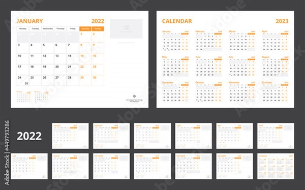 Fototapeta 2022 calendar planner set for template corporate design week start on Monday.