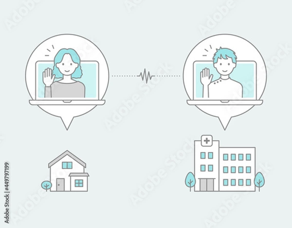 Obraz 病院にいる医師が自宅にいる女性とビデオ通話でオンライン診療をしている、線画アイコン