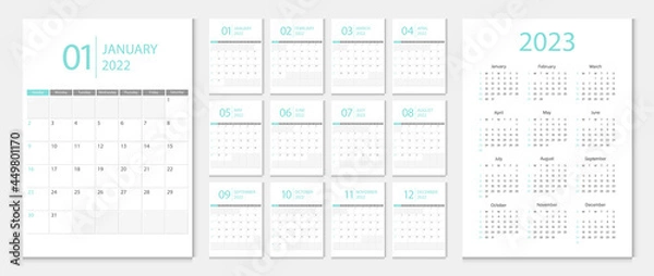 Fototapeta Calendar 2022, calendar 2023 week start Sunday corporate design template vector.	
