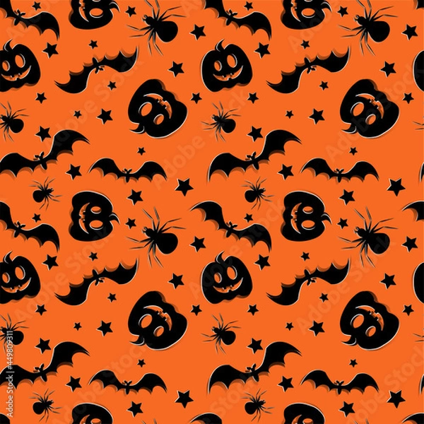 Obraz Seamless pattern with orange background. Halloween pumpkin and bat. Vector illustration