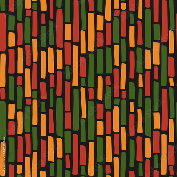 Fototapeta Abstract Kwanzaa, Black History Month, Juneteenth seamless pattern with hand drawn vertical lines in traditional African colors - black, red, yellow, green. Vector tribal ethnic background design