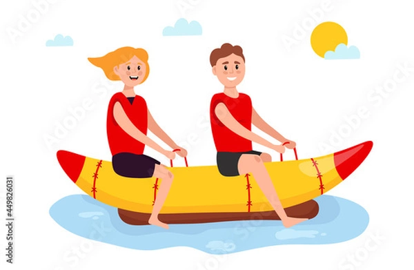 Fototapeta Tourists on summer vacation. Happy couple, man and woman are riding banana boat in the sea. Vector illustration.