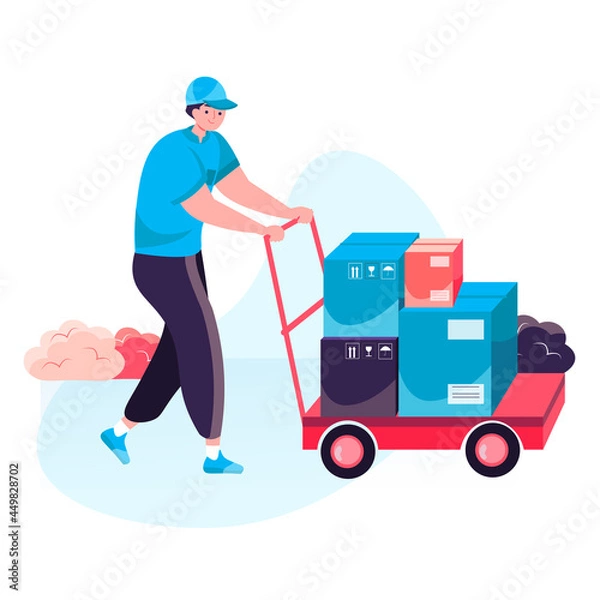 Obraz Delivery service concept. Warehouse worker carries parcels boxes on wheelbarrow. Express shipping, distribution, post character scene. Vector illustration in flat design with people activities