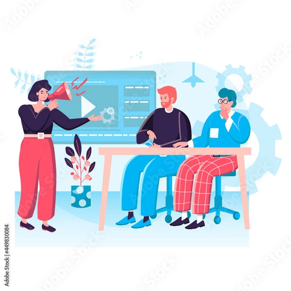 Fototapeta Digital marketing concept. Marketers developing online promotion strategy, making advertising campaign with video content character scene. Vector illustration in flat design with people activities