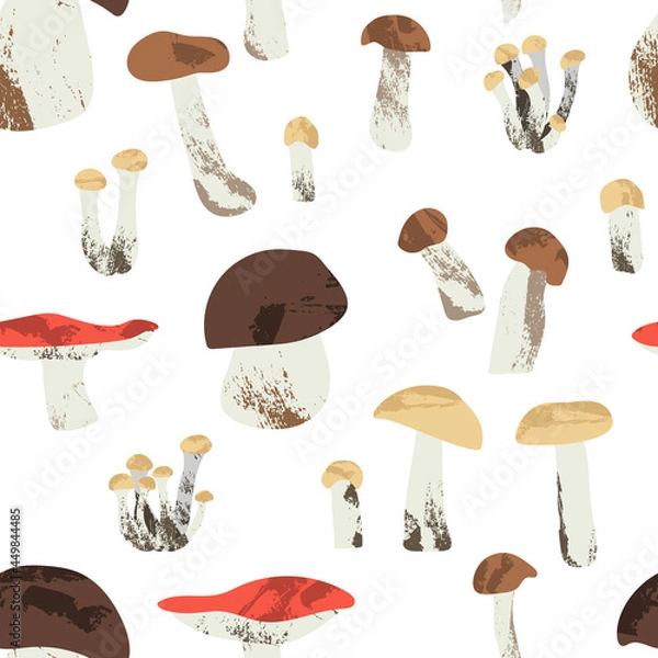 Fototapeta Cep, boletus, honey mushrooms, russula. Edible mushrooms. Autumn forest food. Seasonal raw fungi. Vegetarian product. Vector flat cartoon illustration, fall seamless pattern
