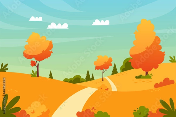 Fototapeta Autumn landscape with trees, bushes and path