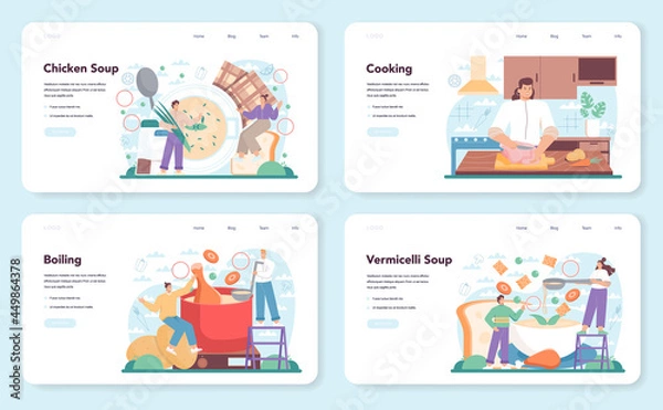 Fototapeta Chicken soup web banner or landing page set. Tasty meal and ready dish