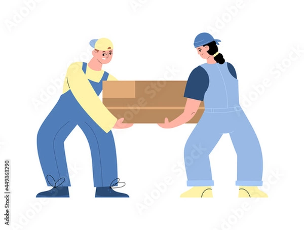 Obraz Warehouse workers carry a heavy box together in flat style vector illustration
