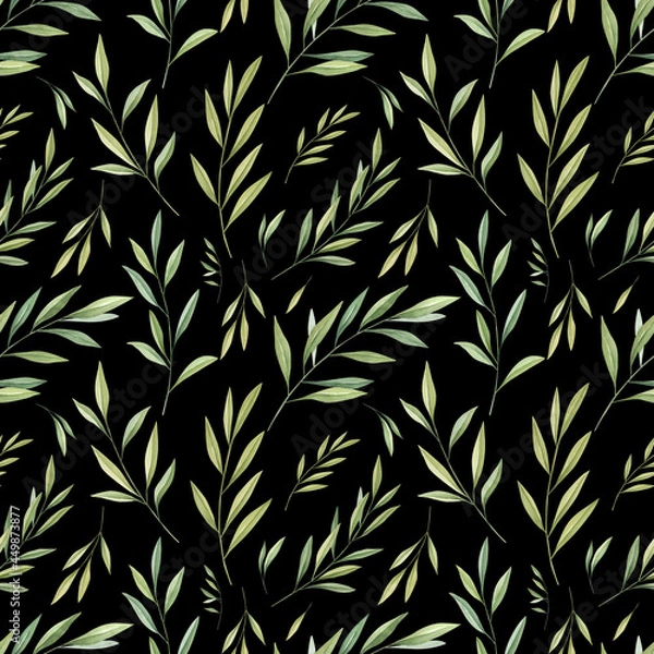 Fototapeta Watercolor olive leaves a seamless pattern on black background. Greenery digital paper. Perfect for textile, covers, wrapping paper, fabric. 