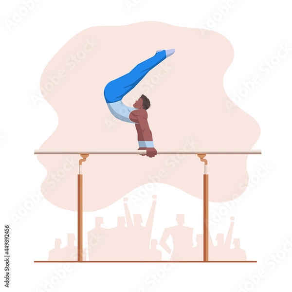 Fototapeta A gymnast with an athletic physique performs on Parallel bars, athlete shows static hold skill with his hands. Vector flat design illustration. Individual all-around preflight competition scene.