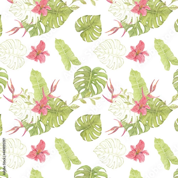 Fototapeta Leaves and flower seamless pattern on white background, watercolor hand drawn