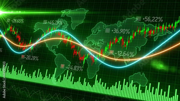 Fototapeta 3D Motion of red green candlestick graph chart of stock market trading with world map background, Bullish Bearish stock point. Economy trends charts for business. Financial investment concept
