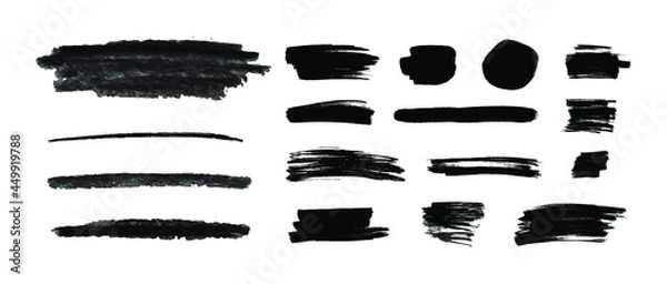 Obraz Vector Charcoal and Ink Black Strokes Set, Graphic Black Drawing, Design Elements Isolated on White Background. 
