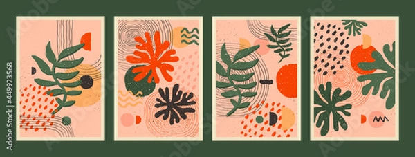 Fototapeta Abstract art minimalist posters set. Scandinavian abstract organic composition in peach pink colors for wall decoration. Vector hand-painted illustration