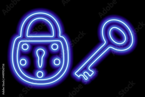 Fototapeta Neon blue outline of padlock and key on a black background. The concept of privacy, security, preservation