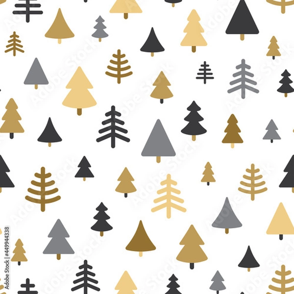 Fototapeta Winter abstract forest, fir tree seamless pattern in scandinavian style. Vector illustration. Happy New Year 2022 and Merry Christmas texture. Gold and black pine geometric icons gift wrapping