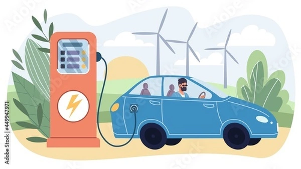 Fototapeta Vector flat cartoon character in city life scene-stylish man with beard and sunglasses sits in car at gas station and waits for it to refuel.Web online banner design,life scene,social story concept