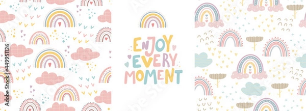 Fototapeta Cute rainbow patterns and lettering - enjoy every moment.