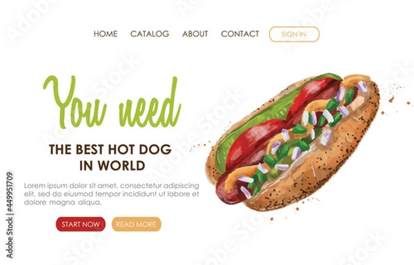 Fototapeta Web page design for Fast food, Street cafe, Restaurant menu, Junk food. Watercolor illustration of the hot dog  with sausage, lettuce, cucumber, onion, mustard. Perfect for poster, banner, flyer, menu