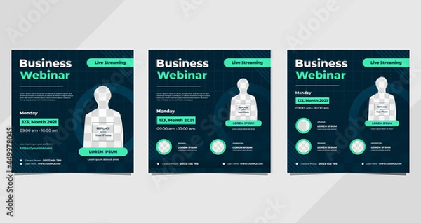 Fototapeta Collection of business webinar social media post templates on navy blue and green background with circle frame
