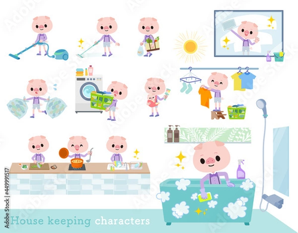 Obraz 掃除や洗濯など家事に関するブタの男の子のセット