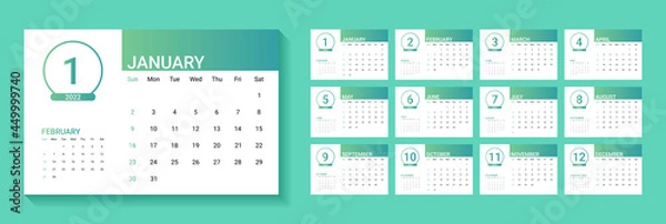 Fototapeta 2022 calendar with simple design. vector of calender 2022.corporate wall calendar ready to print. sunday as weekend. week start on sunday. good for schedule, daily log, planner, etc.