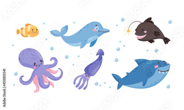Fototapeta Sea Animals with Shark and Octopus Floating Underwater Vector Set