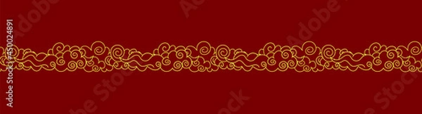 Obraz Vector Seamless Golden Clouds on Red Background, Golden Outline Illustration on Red Background, Luxury Design Element, Border Template.
