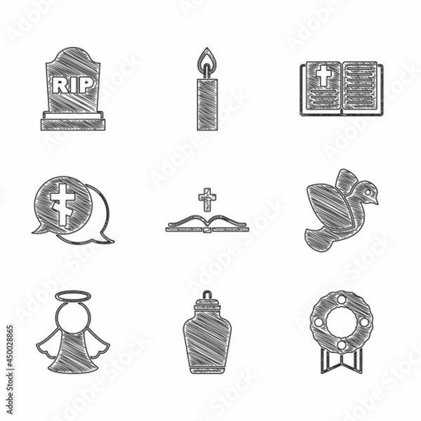 Fototapeta Set Holy bible book, Funeral urn, Memorial wreath, Dove, Angel, Grave with cross, and Tombstone RIP written icon. Vector