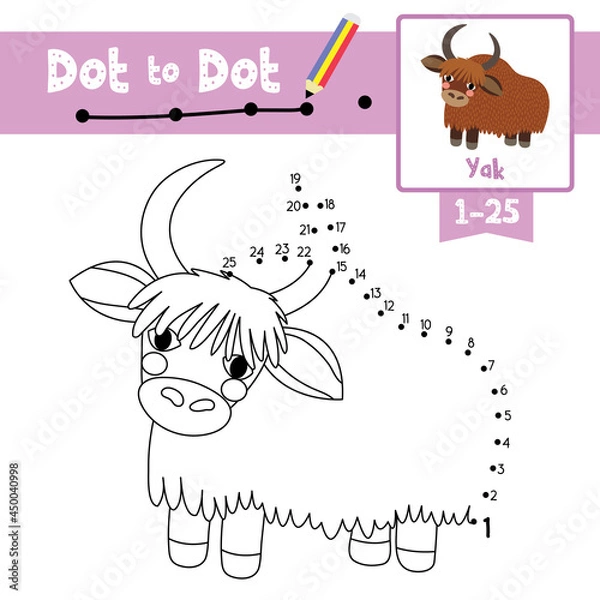 Fototapeta Dot to dot educational game and Coloring book Yak animal cartoon character vector illustration
